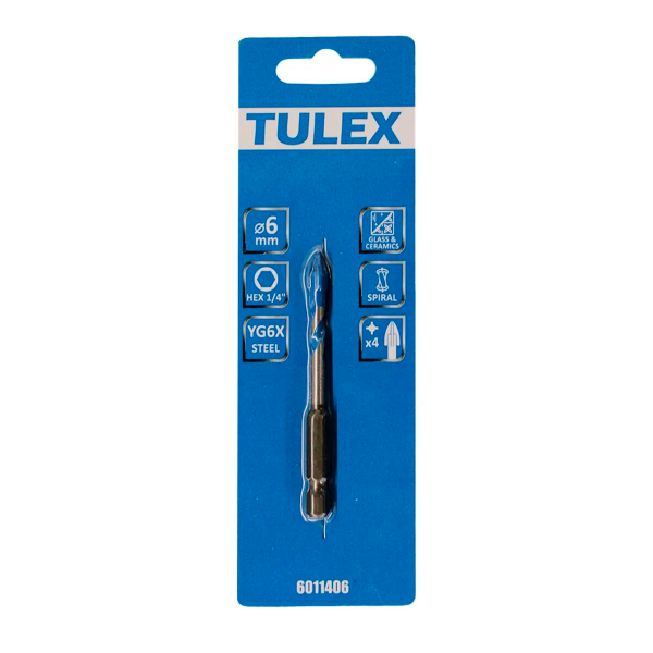 Сверло TULEX 6011206 по кафелю,керамике,стеклу, 2реж. лезвия, шестигранный хвостовик 1/4, 6мм