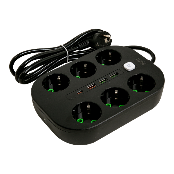 Удлинитель сетевой 2 м TU06 6 розеток. 4 usb разъема (черный)