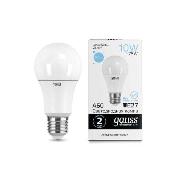 Лампа Gauss LED Elementary A60 10W E27 6500K 1/10/50