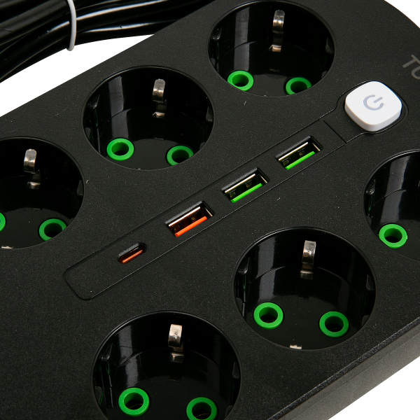 Удлинитель сетевой 2 м TU06 6 розеток. 4 usb разъема (черный)