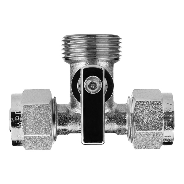 Кран шаровой трёхпроходной для бытовой техники под м/п трубу 16 х 3/4" х 16 ц/ш/ц, ник.лат.ГОСТ, MPF