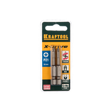 Биты KRAFTOOL ЕХPERT торсионные кованые обточенные Cr-Mo сталь тип хвостовика E 1/4 PZ1 50мм 2шт