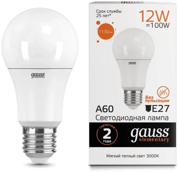 Лампа Gauss LED Elementary A60 12W E27 1130 lm 3000K 23212  Акция