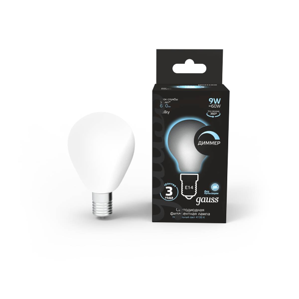 Лампа Gauss LED Filament Шар 9W E14 610 lm 4100K milky диммир.105201209-D
