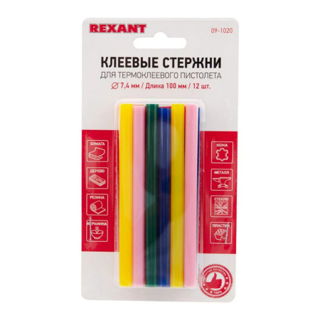 Стержни клеевые d=7,4 мм, L=100 мм, цветные (упак. 12 шт.) (блистер) REXANT