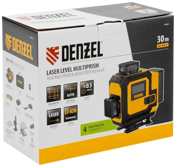 Уровень лазерный м-призм. DLV 360-4G Master Series, 30 м, зеленый луч, акк. Li 2400 mAh, кейс// Denz