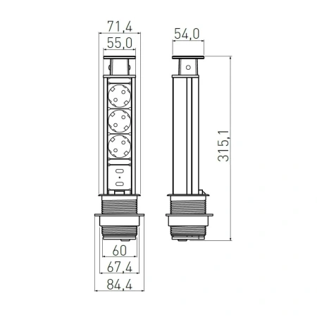 Блок розеточный, выдвижной, настольный на 3 розетки 200B, 2 USB, серебро