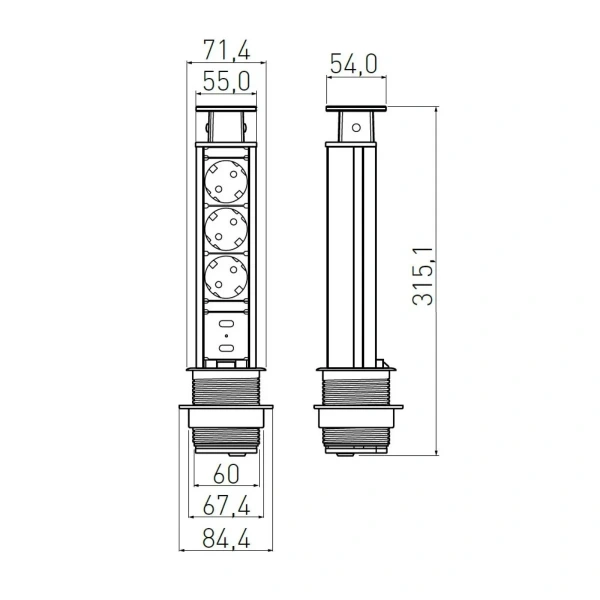 Блок розеточный, выдвижной, настольный на 3 розетки 200B, 2 USB, серебро