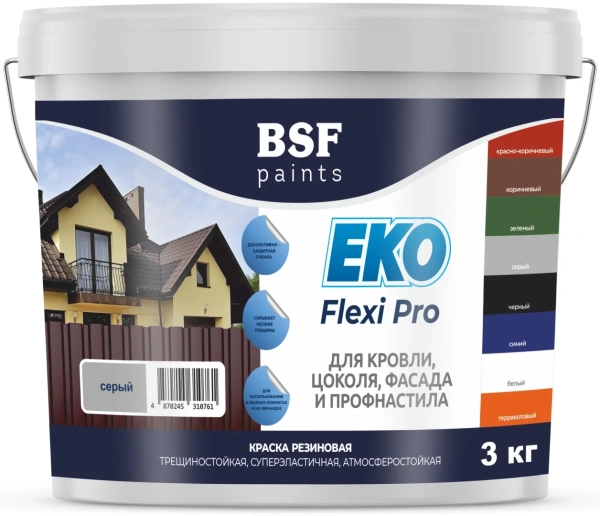 Краска резиновая трещиностойкая, суперэластичная, атмосферостойкая EKO Flexi Pro, белый 6 кг