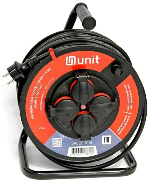Катушка (4места 2p+pe H05RR-F 3х2,5мм2, 16А/3,5кВт/220В с термозащитой IP44) UNIT 40м. (1) NEW