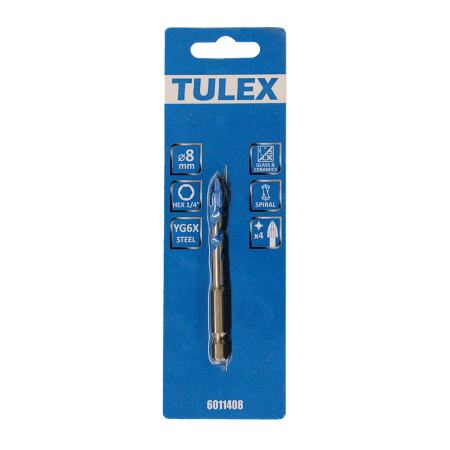 Сверло TULEX 6011408 по кафелю,керамике,стеклу,с пылеудалением,4 реж,лезвия,6-гр хв.,1/4,8мм(1шт/уп)