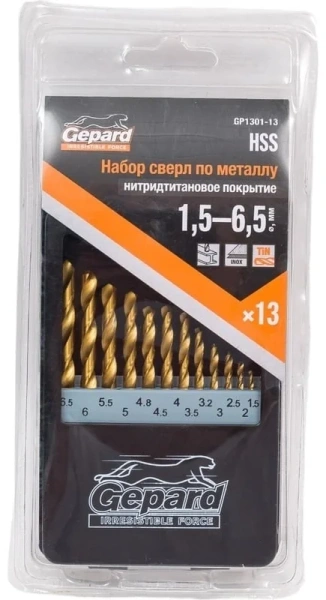 Набор сверл по мет. 13шт 1.5-6.5мм HSS TIN GEPARD (GP1301-13)
