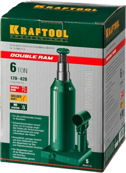 Домкрат KRAFTOOL DOUBLE RAM, 6 т, 170 - 420 мм, с увеличенным подъемом, двухштоковый бутылочный (434