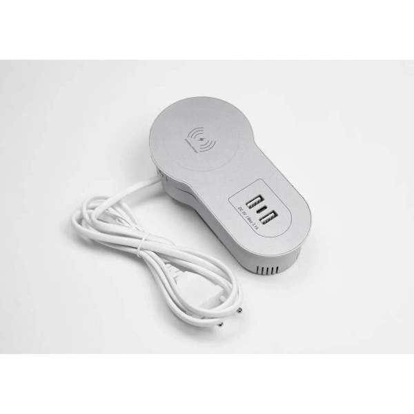 Бокс настольный встраиваемый 2 USB, 1 Type-C, беспроводная зарядка, шнур 1,5 м., серебро