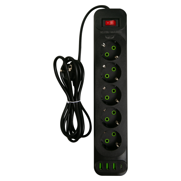 Удлинитель сетевой 2 м F25U 5 розеток,  3 usb разъема(черный)