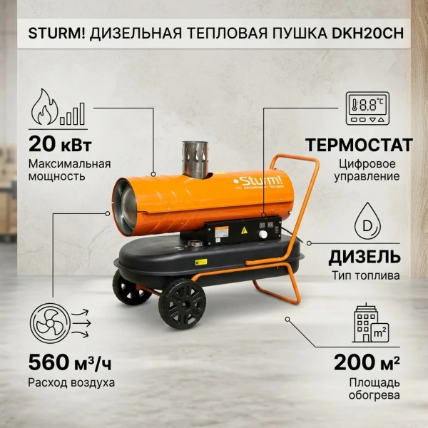 Пушка тепловая дизельная Sturm! DKH20CH непр.нагр.,20кВт,560м3/ч,потребл.1,5л/ч,бак 33л,колеса