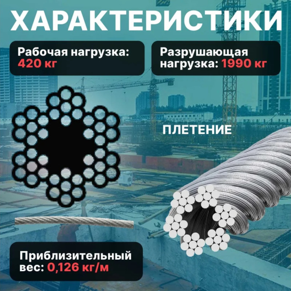 Трос стальной, оцинк. М6 DIN 3055 (бухта 100 м) STARFIX
